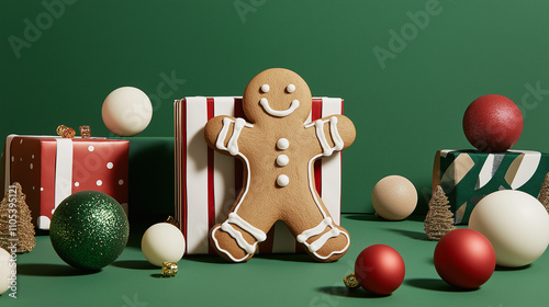 Green background showcasing holiday cheer with gingerbread cookies, ornaments, and Christmas decorations. photo