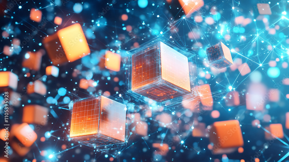 Glowing cubes representing blockchain technology connect in a digital network, symbolizing secure data transactions and futuristic innovation