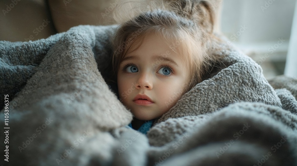 Close-up portrait of young child wrapped in cozy gray blanket. Innocent blue eyes and natural light create tender, emotional moment. Perfect for childhood, comfort, and family lifestyle concepts Close-up portrait of young child wrapped in cozy gray blanket. Innocent blue eyes and natural light create tender, emotional moment. Perfect for childhood, comfort, and family lifestyle concepts