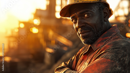 Black men miners, copy space, smiling