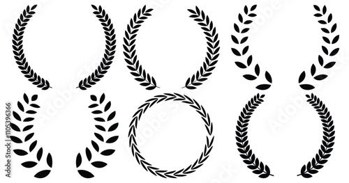 Set of circular laurel wreath. Emblem floral Greek branch of oak leaves, eucalyptus leaf, Wheat, winner award, champion medal, swirls, twigs and flower ornaments vector.