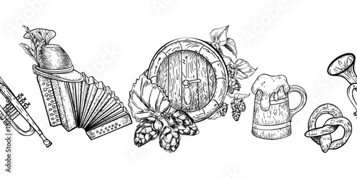 Oktoberfest vector seamless border black white isolated. Wooden barrel, tankard, musical instruments monochrome beer festive banner. Bavarian hat, accordion hand drawn on repeated texture for event.