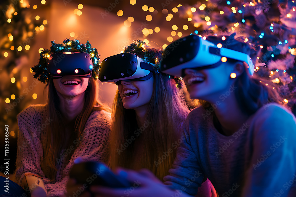 Young adults celebrating New Year's Eve with virtual reality headsets in a festive setting. Perfect for tech campaigns, modern holiday advertisements, and lifestyle promotions Young adults celebrating New Year's Eve with virtual reality headsets in a festive setting. Perfect for tech campaigns, modern holiday advertisements, and lifestyle promotions