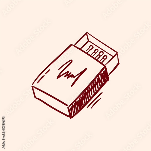 Doodle drawing of retro matchbox. Hand drawn line art matches in a box. Outline vector illustration