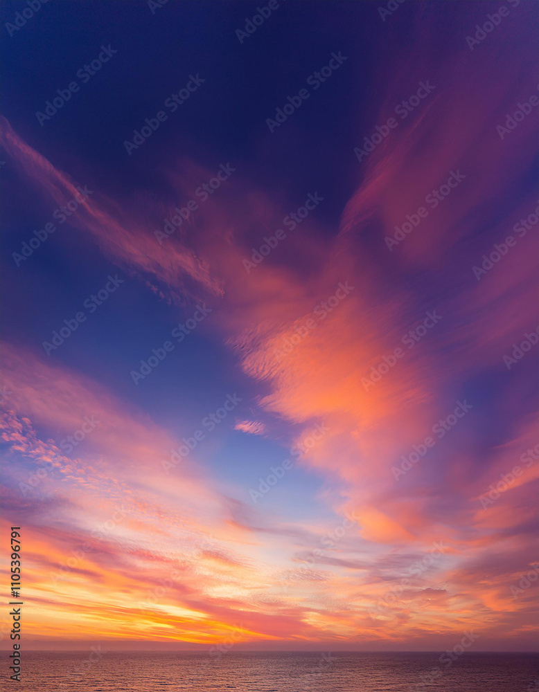 Obraz premium Dreamy sunset horizon painted in violets and pinks, soft orange and peach tones. Wispy cloud trails