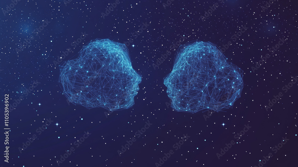 Dialogue clouds. Low-poly vector wireframe illustration in starry sky and cosmos style. Technology and devices concept. Abstract Social Network or Chat theme in blue. Lines and points with polygons Dialogue clouds. Low-poly vector wireframe illustration in starry sky and cosmos style. Technology and devices concept. Abstract Social Network or Chat theme in blue. Lines and points with polygons