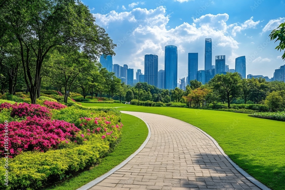 Beautiful park long curved pathway center is made The green space Beautiful park long curved pathway center is made The green space