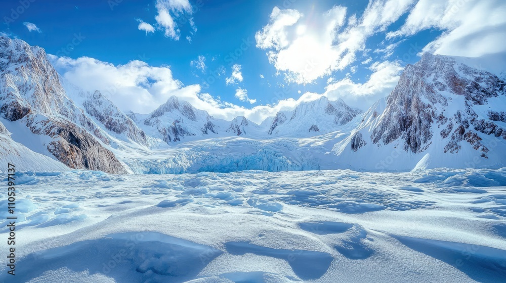 Fototapeta premium A frozen landscape dominated by a cracked glacier, surrounded by rugged mountain peaks.