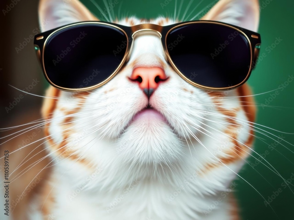Close up of a stylish cat wearing sunglasses, with a focus on its head and eyes, feline, adorable Close up of a stylish cat wearing sunglasses, with a focus on its head and eyes, feline, adorable