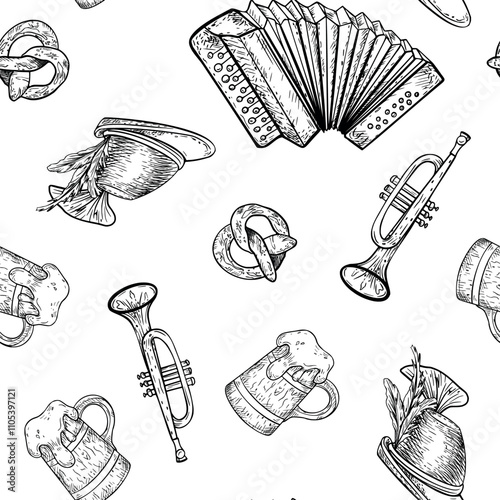 Accordion, trumpet, wooden beer mug, German hat and pretzel painted engraving. Oktoberfest vector black white seamless pattern isolated. German folk festival on repeated background for design paper.