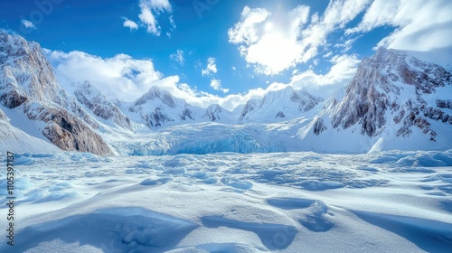 A frozen landscape dominated by a cracked glacier, surrounded by rugged mountain peaks.