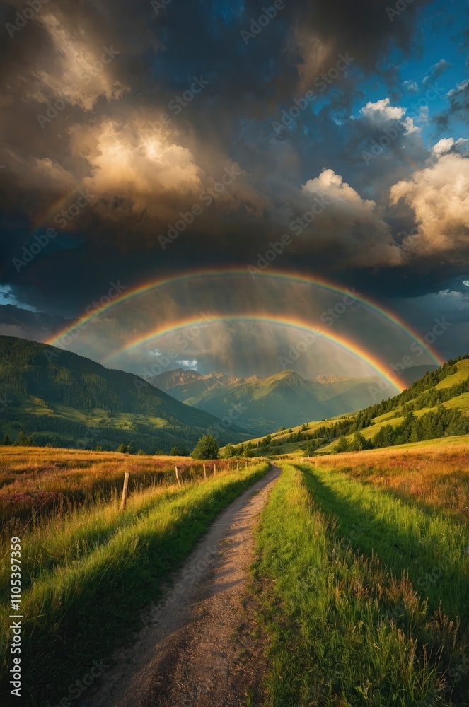 Amazing scene in summer mountains. Lush green grassy meadows in fantastic evening sunlight. Rural road and beautyful rainbow in dramatic sky. Landscape photography Amazing scene in summer mountains. Lush green grassy meadows in fantastic evening sunlight. Rural road and beautyful rainbow in dramatic sky. Landscape photography