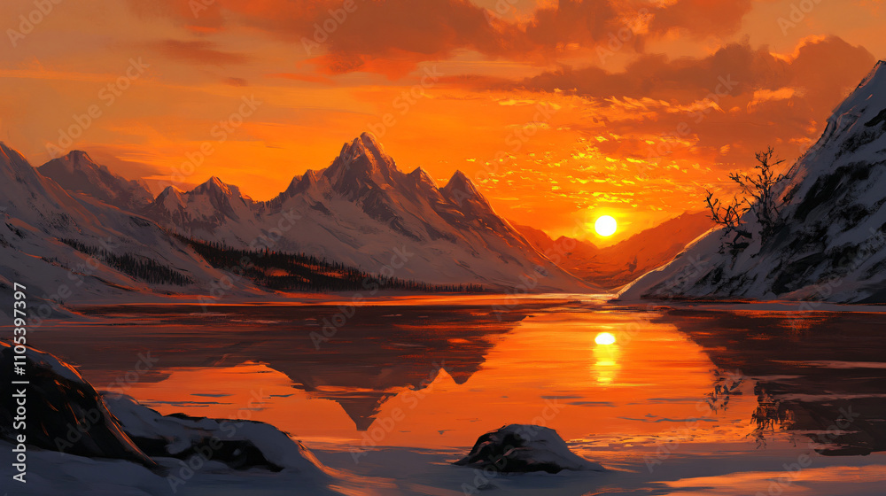 A winter sunset casting an orange glow over snowy peaks and a frozen lake. A winter sunset casting an orange glow over snowy peaks and a frozen lake.