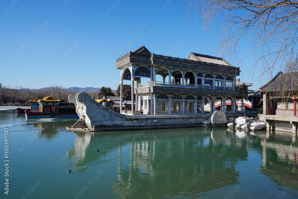 Fototapeta premium Stone Boat Architecture Landscape of Summer Palace in Beijing.