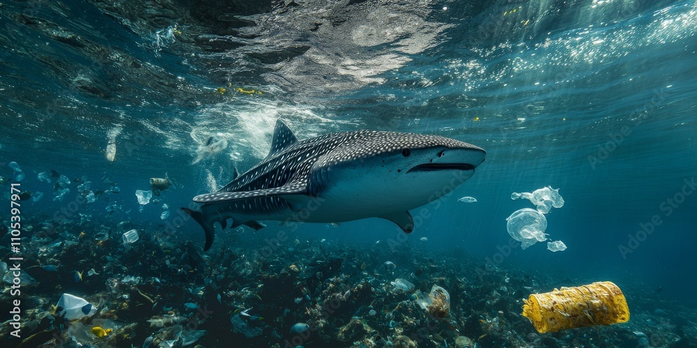 Fototapeta premium Plastic pollution in the ocean poses a significant threat, as the whale shark filter feeds in the contaminated waters, inadvertently ingesting plastic debris while searching for nourishment.