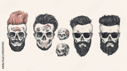 Skulls with Hipster hair and beards, fashion vector illustration set.