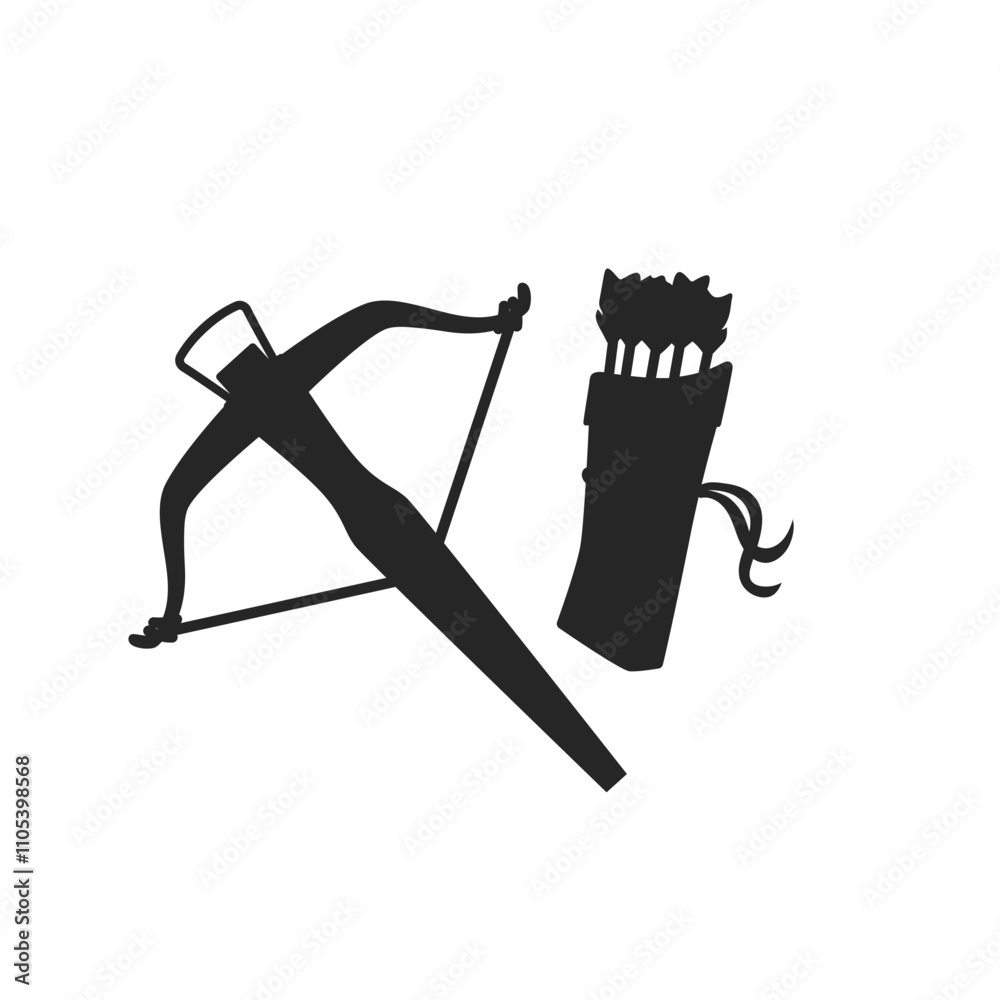Obraz premium Crossbow and quiver icon. Isolated black symbol of medieval weapon. Hunter equipment. Arbalest simple art. Archery festival logo