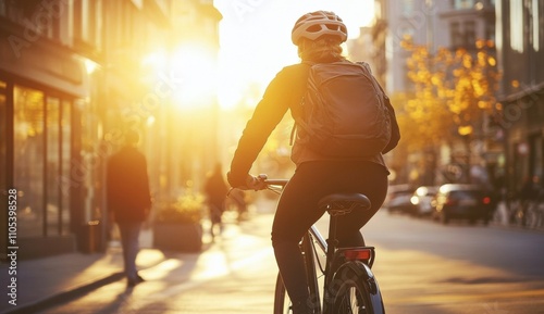 Fototapeta Naklejka Na Ścianę i Meble -  Person riding bicycle city street sunset is wearing A cyclist next