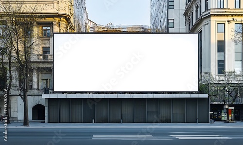 
Large horizontal blank advertising poster billboard banner mockup in front of the building in urban city digital light box display screen for OOH media 12 sheet out of home, Generative Ai
 photo