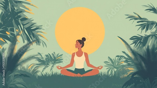 A wellness advocate meditating under the sun, set on a serene green backdrop for balance