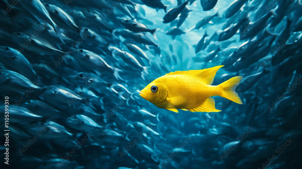 Contrasting golden fish swimming against a school of blue fish in the deep ocean creates a stunning visual Contrasting golden fish swimming against a school of blue fish in the deep ocean creates a stunning visual