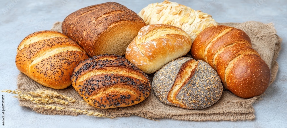 Assortment of Freshly Baked Bread Loaves, From Rustic to Seeded, Presented on Burlap Sackcloth Assortment of Freshly Baked Bread Loaves, From Rustic to Seeded, Presented on Burlap Sackcloth