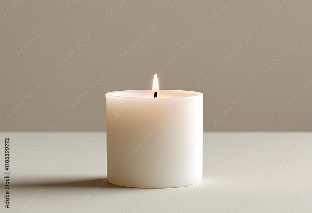 A lit candle stands alone on a smooth surface against a neutral background A lit candle stands alone on a smooth surface against a neutral background