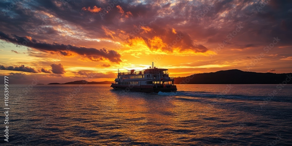 Departing the island on a ferry during sunset creates a stunning scene. The sunset illuminates the sky as the ferry glides away, offering a picturesque moment of leaving the island. Departing the island on a ferry during sunset creates a stunning scene. The sunset illuminates the sky as the ferry glides away, offering a picturesque moment of leaving the island.