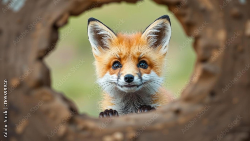 Cute fox peeking out of hole on pastel background in center of frame, hole, cheerful Cute fox peeking out of hole on pastel background in center of frame, hole, cheerful