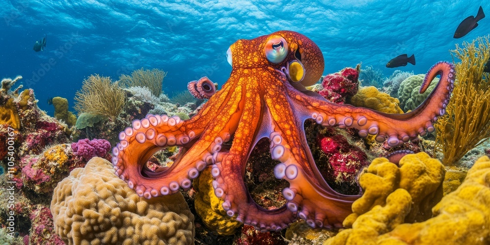 Eye level perspective of a Day Octopus Octopus cyanea , showcasing the vibrant colors and textures as it rests on the coral reef. The Day Octopus is a fascinating marine creature in its natural Eye level perspective of a Day Octopus Octopus cyanea , showcasing the vibrant colors and textures as it rests on the coral reef. The Day Octopus is a fascinating marine creature in its natural