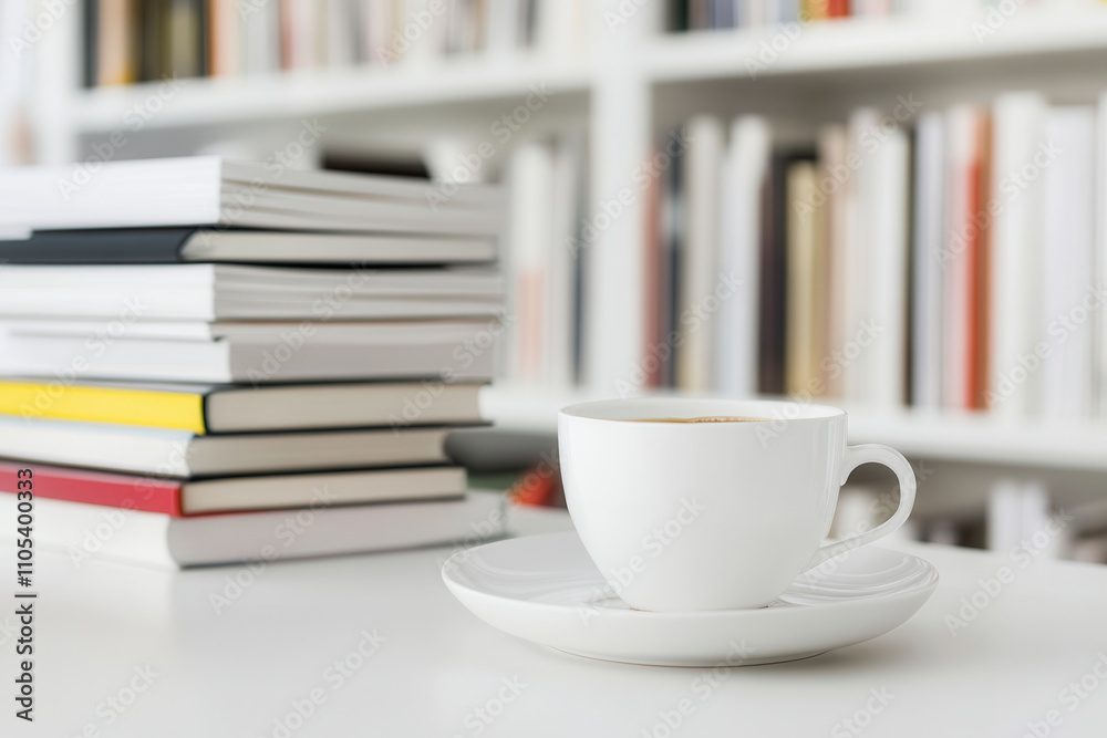 Fototapeta premium cozy workspace with coffee cup and books on white table