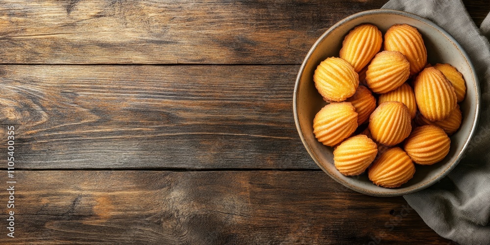 Delicious French dessert biscuits, known as Madeleine cookies, create a delightful sweet meal or snack, perfectly arranged on a rustic table with ample copy space for an appealing food background. Delicious French dessert biscuits, known as Madeleine cookies, create a delightful sweet meal or snack, perfectly arranged on a rustic table with ample copy space for an appealing food background.