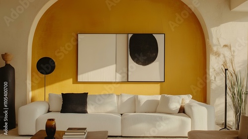 Japandi-inspired minimalist interior, white couch, bold yellow arched feature wall, and abstract framed artwork adding a pop of color