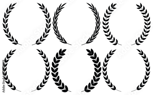 Set of circular laurel wreath. Emblem floral Greek branch of oak leaves, eucalyptus leaf, Wheat, winner award, champion medal, swirls, twigs and flower ornaments vector. photo