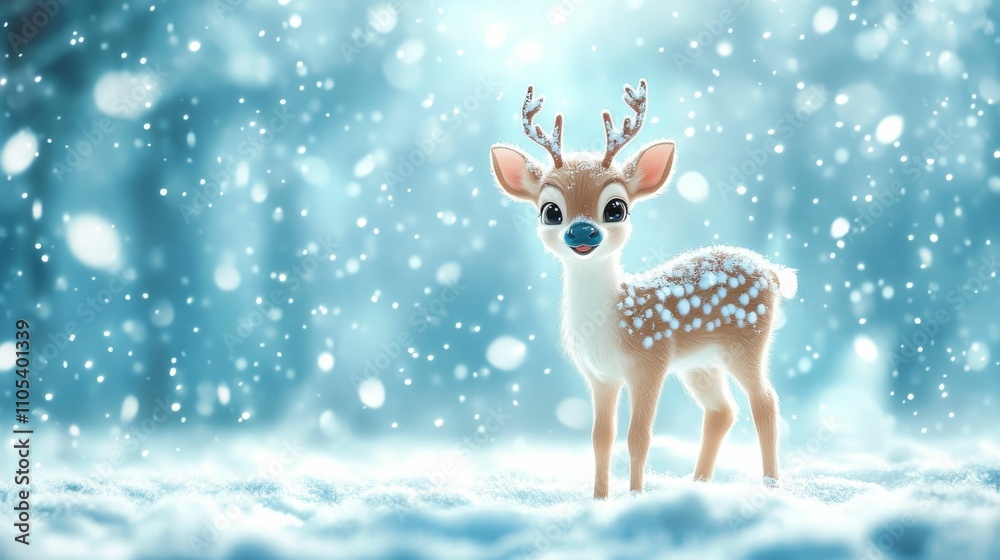 Cute reindeer standing in a snowy winter scene with snowflakes falling Cute reindeer standing in a snowy winter scene with snowflakes falling