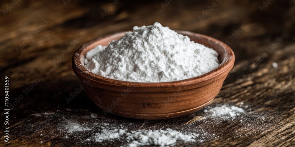 Close up of baking soda in a bowl placed on a rustic wooden table, showcasing the texture and versatility of baking soda for various culinary and cleaning purposes.
