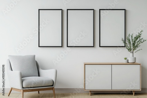 Modern interior design featuring a cozy chair, minimalistic furniture, and empty frames perfect for artwork or photos.