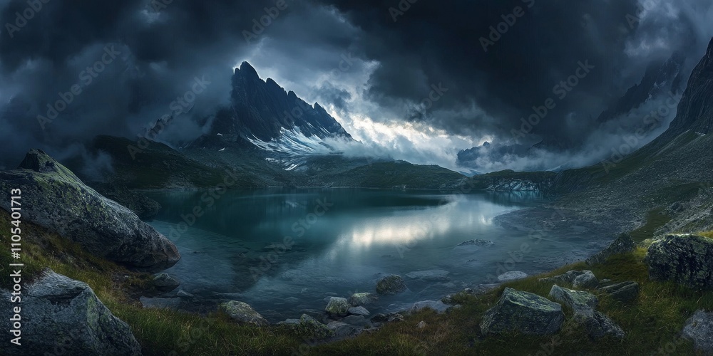 Dramatic alpine scenery features storm clouds looming over a stunning glacier lake, showcasing the breathtaking beauty of alpine landscapes and their natural charm. Perfect for alpine enthusiasts. Dramatic alpine scenery features storm clouds looming over a stunning glacier lake, showcasing the breathtaking beauty of alpine landscapes and their natural charm. Perfect for alpine enthusiasts.