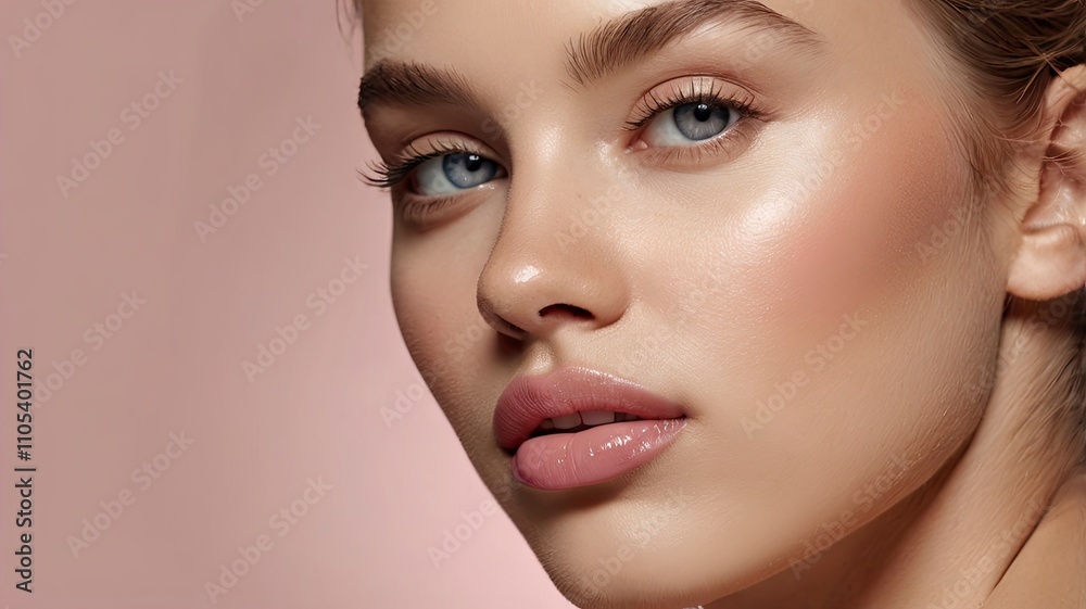 Close-up photo of a beautiful young woman's face with fresh and smooth skin and pink lips with a light background _ smooth skin with skin and body care Close-up photo of a beautiful young woman's face with fresh and smooth skin and pink lips with a light background _ smooth skin with skin and body care