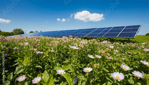 Solar panels capture sunlight in a lush field filled with blooming flowers under a bright blue sky