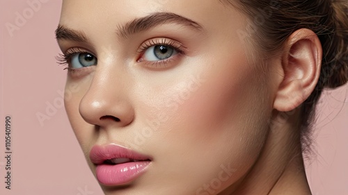 Close-up photo of a beautiful young woman's face with fresh and smooth skin and pink lips with a light background _ smooth skin with skin and body care