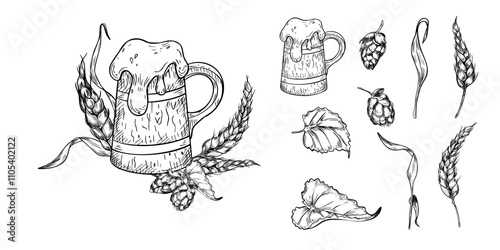 Tankard of beer and foam cap black white graphic vector illustration on white. Stein beer, wheat of ear, cone hops engraving. Wooden beer mug hand drawn in monochrome for design festival menu, label.