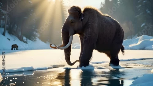 A woolly mammoth traversing a frozen river in a winter scene during the ice age