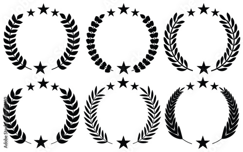 Set of circular laurel wreath. Emblem floral Greek branch of oak leaves, eucalyptus leaf, Wheat, winner award, champion medal, swirls, twigs and flower ornaments vector.