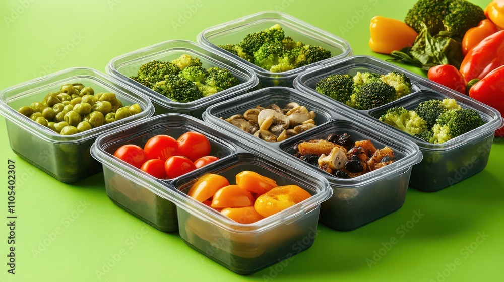 Balanced meal prep containers with portioned food, set on a bold green backdrop for planning Balanced meal prep containers with portioned food, set on a bold green backdrop for planning