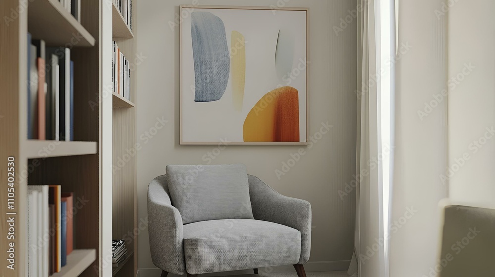 Fototapeta premium Japandi-style living room, minimalist reading nook with a gray armchair, abstract artwork on neutral walls, and a sleek built-in bookshelf