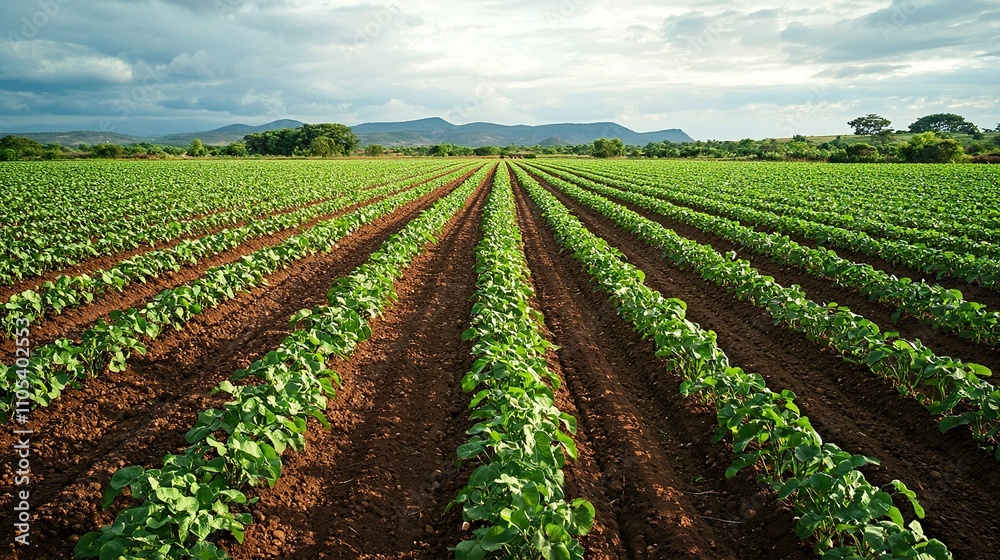 Lush green vegetable field stretches under cloudy sky in rural landscape