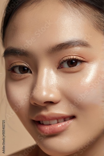 Cosmetics skincare concept photo. Woman with beautiful face touching healthy facial skin portrait. Beautiful smiling Asian girl model with natural makeup enjoys glowing hydrated smooth skin on beige