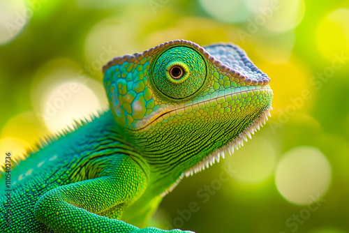 A green chameleon sitting on top of a tree branch photo