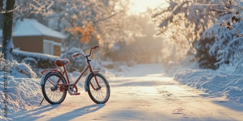 Children s two wheeled bicycle rests in a snowy setting, showcasing the charm of a children s two wheeled bicycle against a wintery backdrop, inviting fun and adventure in the snow. photo